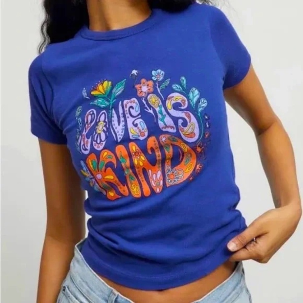 Urban Outfitters Baby tee groovy love is kind cotton royal cobalt flowers top